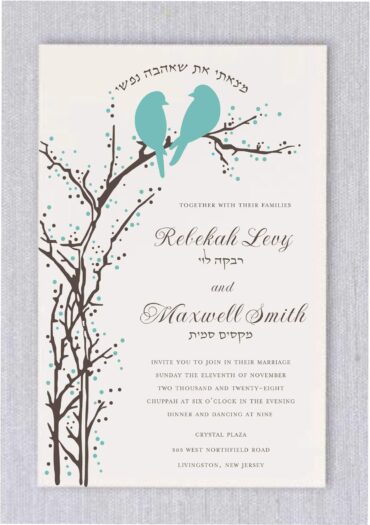 The Aqua Love Birds Jewish wedding Invitation is a steadfast favorite in our Jewish wedding collection. Here, we gave it the "love birds in aqua" treatment, making it the perfect invitation suite for an elegant, contemporary affair. The heading "I have found the whom my soul loves" in Hebrew adds a touch of playfulness.
