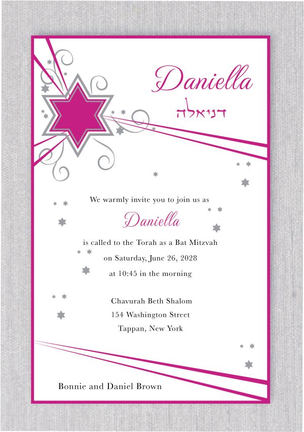 Impress your guest with this Creative Star Star of David - Jewish Star, Star of David Bar Mitzvah Invitation Invitation in Pink and Charcoal