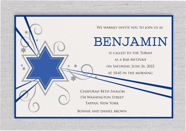 Impress your guest with this elegant Shooting Star Bat Mitzvah Invitation in Lapis and Navy color theme.