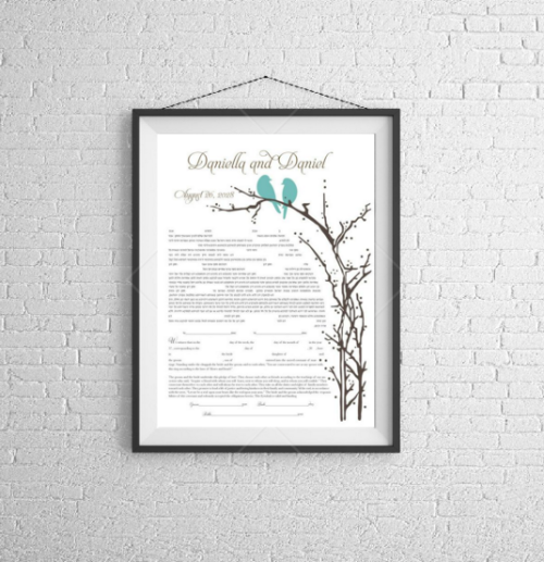This bright white card features an aqua and mocha love bird design.