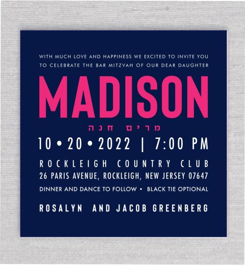 This unique custom Bat Mitzvah invitation features a bold navy background, with text in vibrant magenta, hot pink, and white, creating a striking contrast. The design combines elegance with modern flair, making it the perfect choice for a memorable and stylish celebration.