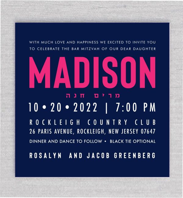 This unique custom Bat Mitzvah invitation features a bold navy background, with text in vibrant magenta, hot pink, and white, creating a striking contrast. The design combines elegance with modern flair, making it the perfect choice for a memorable and stylish celebration.