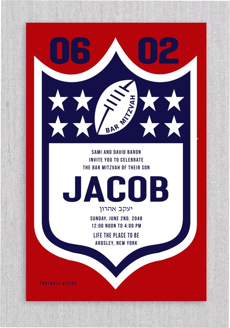Introducing our Bar Mitzvah invitation, boasting a vibrant NFL football design in red and blue, perfect for the sports-loving Bar Mitzvah boy. The bold typography highlights the Bar Mitzvah boy's name and date. Surrounding the card is the iconic NFL logo, with the football proudly showcasing the Bar Mitzvah details in a contemporary sports-themed design.