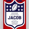 Introducing our Bar Mitzvah invitation, boasting a vibrant NFL football design in red and blue, perfect for the sports-loving Bar Mitzvah boy. The bold typography highlights the Bar Mitzvah boy's name and date. Surrounding the card is the iconic NFL logo, with the football proudly showcasing the Bar Mitzvah details in a contemporary sports-themed design.