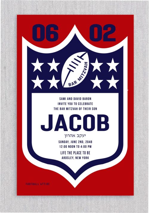 Introducing our Bar Mitzvah invitation, boasting a vibrant NFL football design in red and blue, perfect for the sports-loving Bar Mitzvah boy. The bold typography highlights the Bar Mitzvah boy's name and date. Surrounding the card is the iconic NFL logo, with the football proudly showcasing the Bar Mitzvah details in a contemporary sports-themed design.
