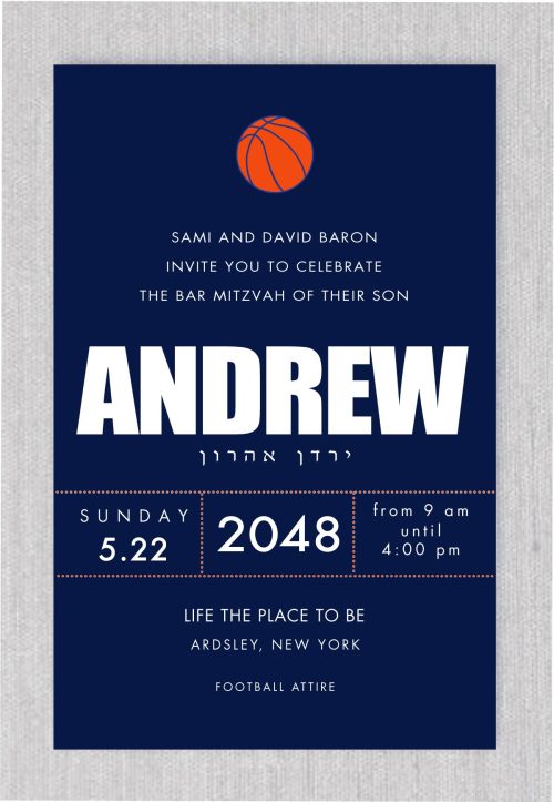 "The NFL Football Theme - Bar Mitzvah Invitation is a unique navy blue invitation design for a sports-themed Bar Mitzvah. It is perfect for a boy who loves basketball, as the basketball motif captures his interest. The modern style of his name in English adds a special touch, as well as the Hebrew name."