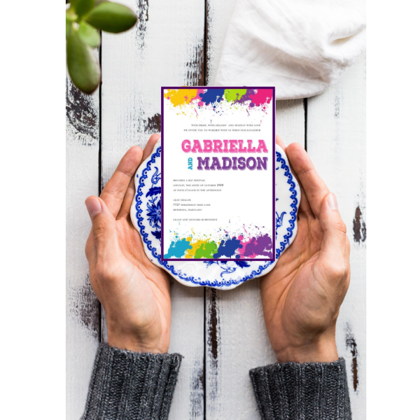 Check out our splatter Bat Mitzvah invitation best in unique or custom invitation
