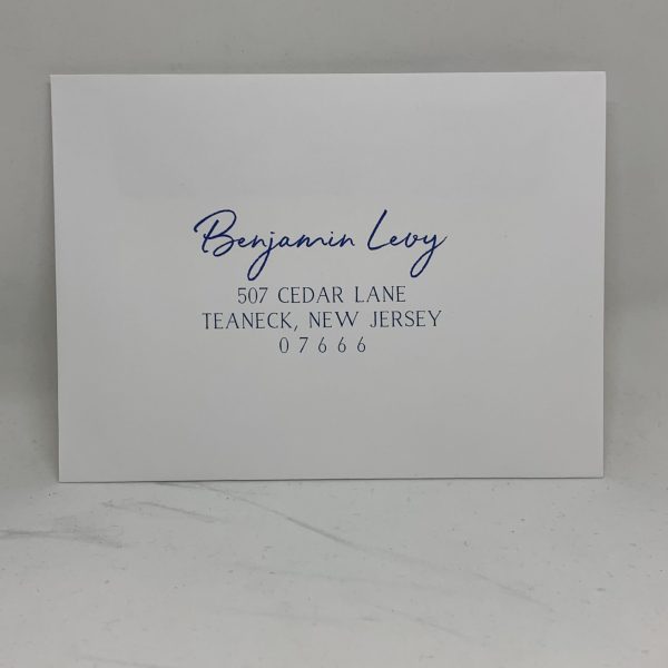 Save time by opting for calligraphy envelope guest addressing with your order, featuring guest addressing tailored to match your unique style. This ensures that upon receiving your invitations, they will be ready for mailing, complete with addresses professionally printed directly onto your envelopes. The font and color will seamlessly match your invitations, creating a cohesive theme, unless you specify changes to the color or fonts. Select your desired quantity, customize your envelope online, and complete your order. Email us your guest addressing list file, and we'll create a layout for your approval. Upon receiving the layout, carefully review it and make any necessary changes or corrections.