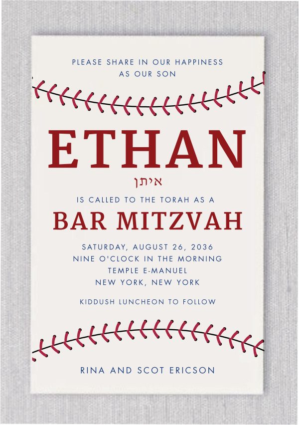 "Step up to the plate and get ready to hit a home run with this unique Bar Mitzvah invitation that's sure to score big! Featuring a baseball design with the iconic red stitching at the top and bottom, this invitation is the perfect way to showcase your love for the game and celebrate your special day. But that's not all - with your name and Bar Mitzvah details printed on high quality cards, this invitation is also a home run when it comes to style and sophistication. So swing for the fences and invite your guests to join you for a day of fun and celebration with your very own personalized First Pitch in Baseball Bar Mitzvah Invitation!"