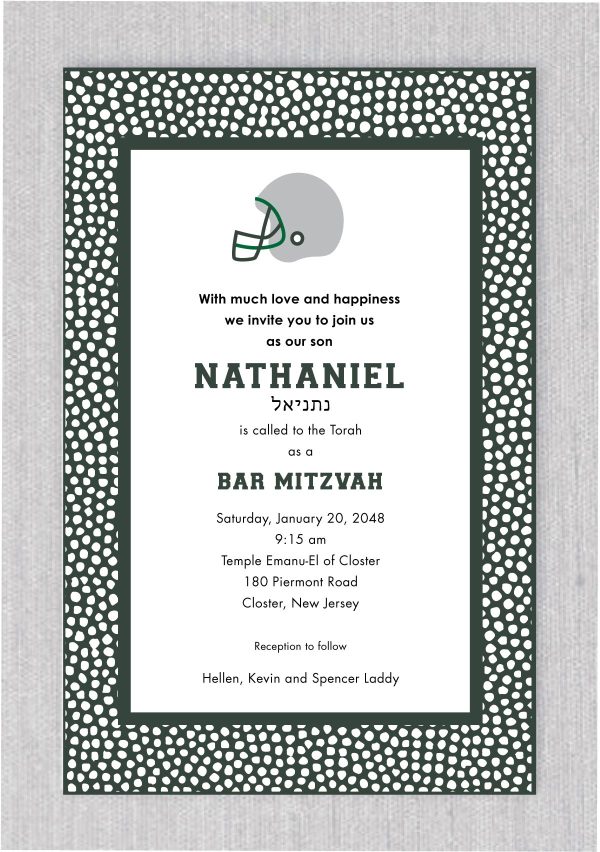 This sporty Bar Mitzvah invitation is perfect for football enthusiasts, with its textured design that's reminiscent of a football's exterior. The hunter, green Jet's color scheme adds a playful touch that's perfect for fans of the team. The Bar Mitzvah Boy's name is boldly displayed in eye-catching red lettering, making for a dramatic effect that is sure to impress your guests.