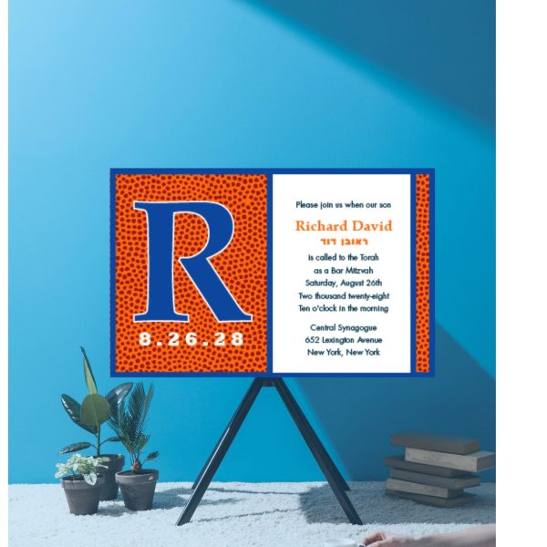 Shoot and Score Basketball Bar Mitzvah Invitation blue and orange color