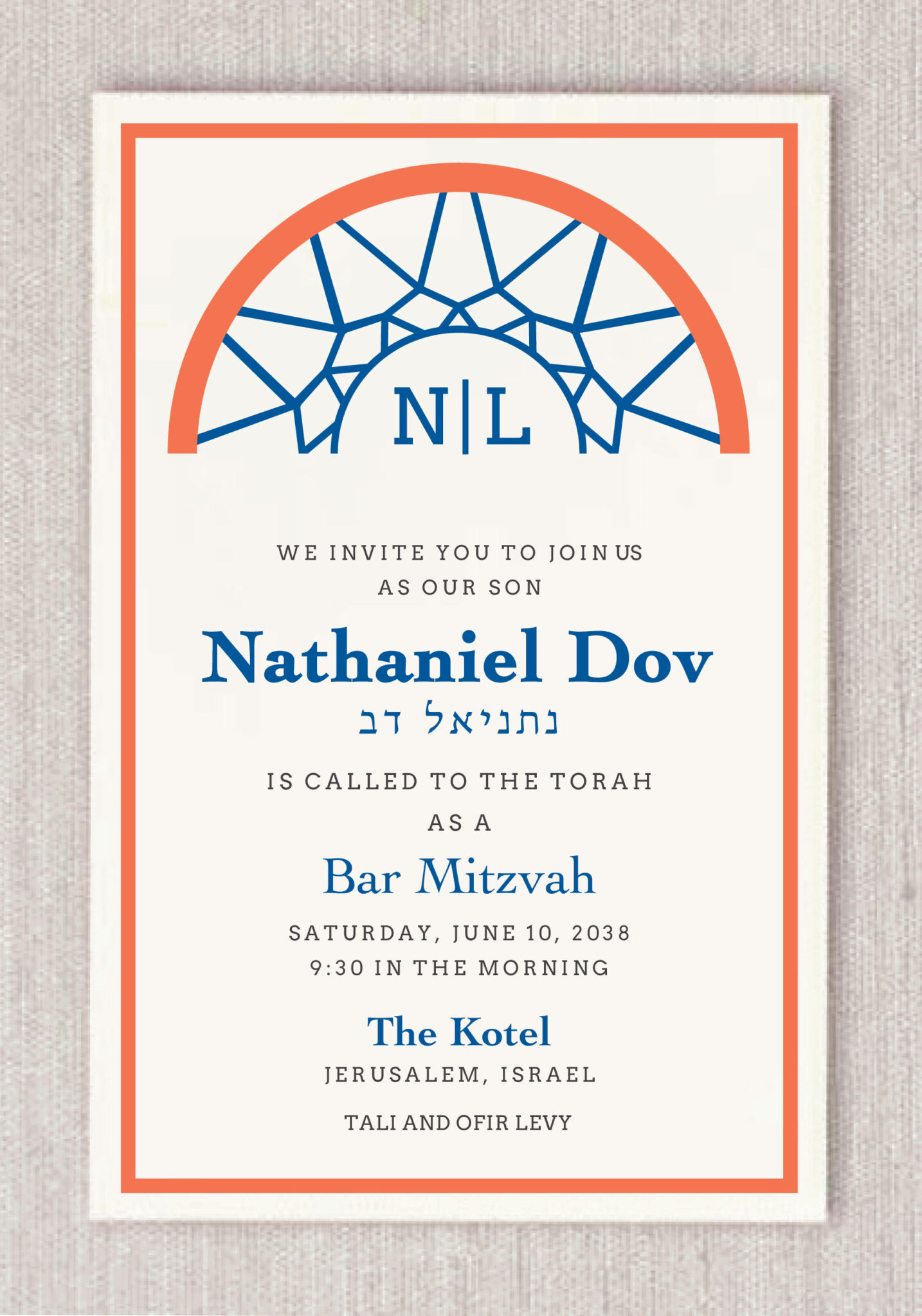 Honor your son with this modern Bar Mitzvah invitation that blends traditional Jewish heritage with a clean athletic style. The artwork features a striking geometric arch inspired by a basketball net. This design includes Bar Mitzvah boy name elegantly printed in both English and Hebrew. A bold navy and terracotta color palette creates a sophisticated look for a celebration at the Kotel. The layout is finished with a personalized monogram for a custom touch.