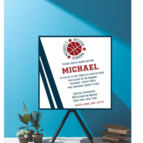 Score a Basket Basketball Bar mitzvah invitation red and blue ball
