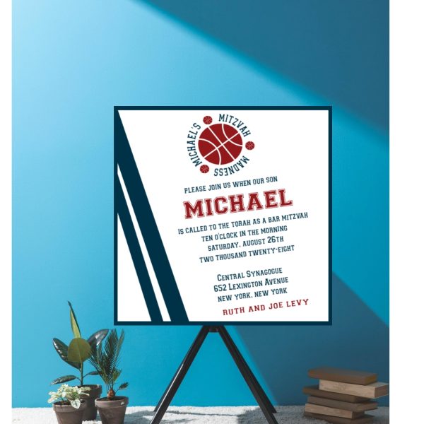 Score a Basket Basketball Bar mitzvah invitation red and blue ball