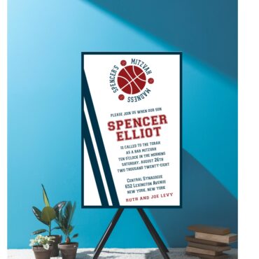 Score a Bucket Basketball Bar mitzvah invitation red and blue