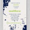 Modern and casual, this Abstract grunge ink splats Bar Mitzvah Invitation. The color scheme - navy-blue and green - lights up your celebration details! 
