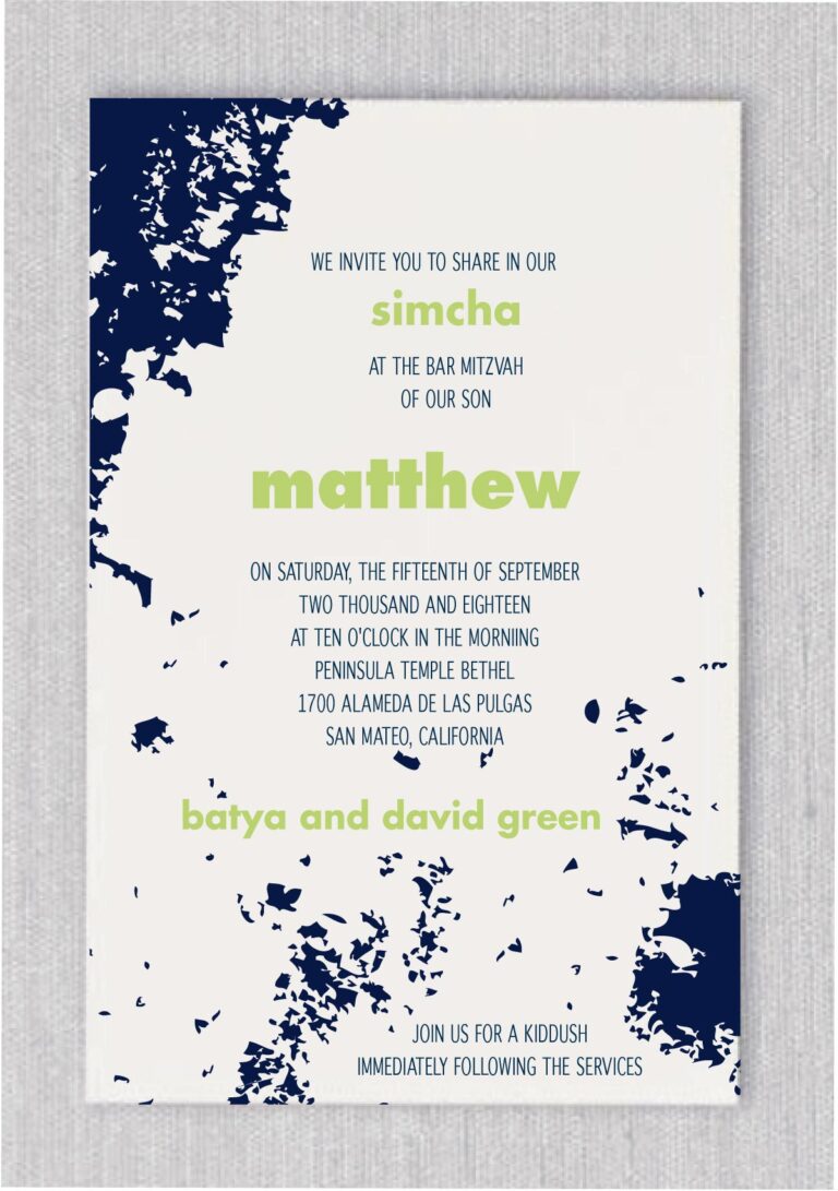 Modern and casual, this Abstract grunge ink splats Bar Mitzvah Invitation. The color scheme - navy-blue and green - lights up your celebration details! 