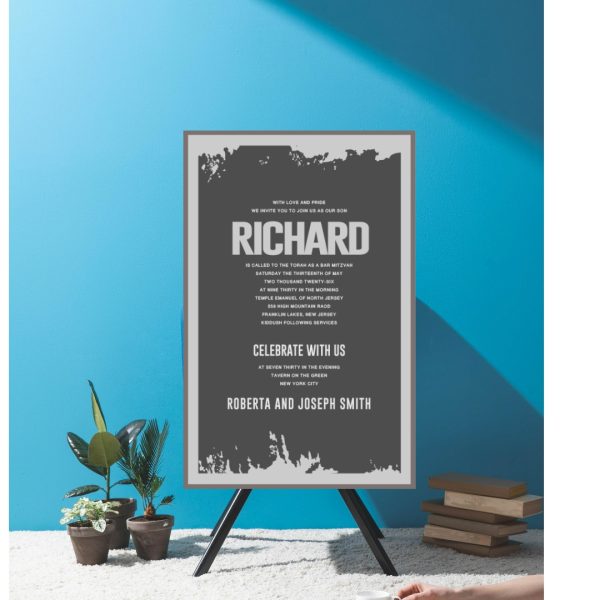 Charcoal Abstract grunge ink splats Bar Mitzvah Invitation