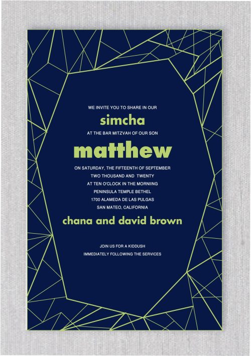 These eye-catching multi-colored triangles, set between geometric lines, create a stunning backdrop for your evite digital Bar Mitzvah invitations. The geometric design is framed to highlight your personalized text, which is printed in vibrant colors. Perfect for a modern, bold Bar Mitzvah celebration.