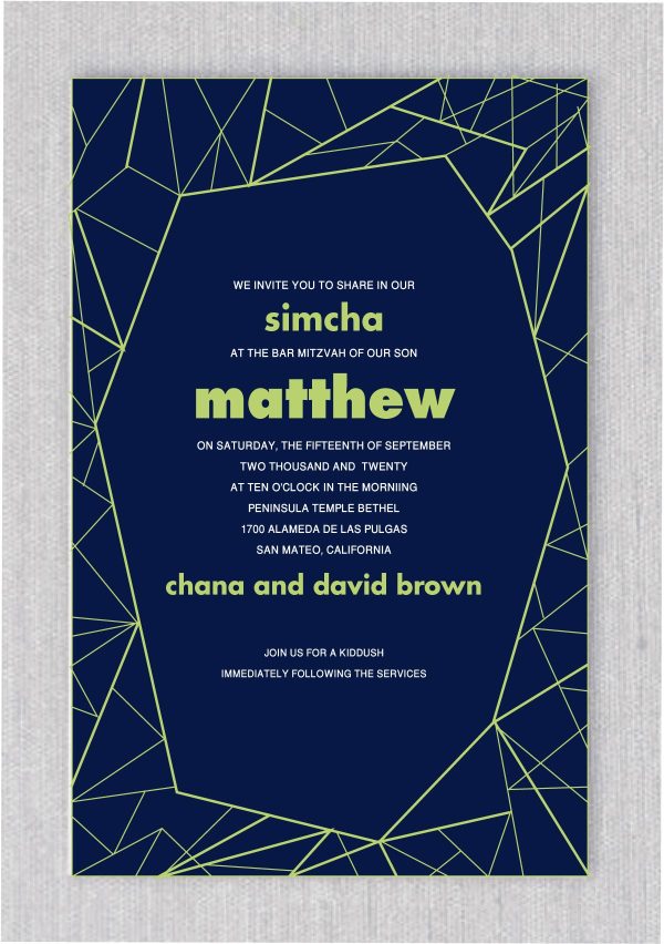 These eye-catching multi-colored triangles, set between geometric lines, create a stunning backdrop for your evite digital Bar Mitzvah invitations. The geometric design is framed to highlight your personalized text, which is printed in vibrant colors. Perfect for a modern, bold Bar Mitzvah celebration.