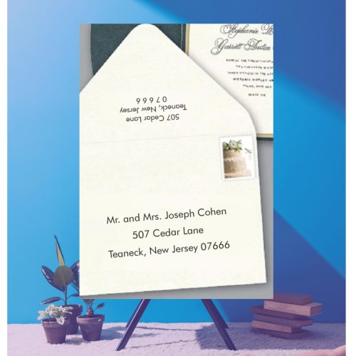 Save time by opting for calligraphy envelope guest addressing with your order, featuring guest addressing tailored to match your unique style. This ensures that upon receiving your invitations, they will be ready for mailing, complete with addresses professionally printed directly onto your envelopes. The font and color will seamlessly match your invitations, creating a cohesive theme, unless you specify changes to the color or fonts. Select your desired quantity, customize your envelope online, and complete your order. Email us your guest addressing list file, and we'll create a layout for your approval. Upon receiving the layout, carefully review it and make any necessary changes or corrections.