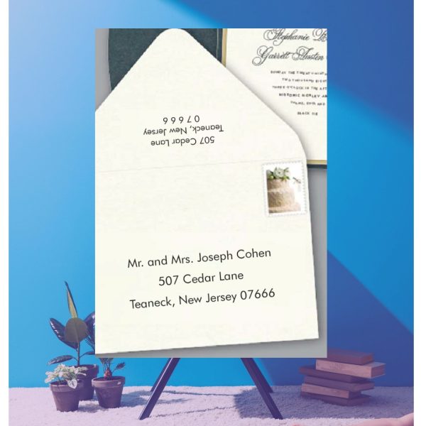 Save time by opting for calligraphy envelope guest addressing with your order, featuring guest addressing tailored to match your unique style. This ensures that upon receiving your invitations, they will be ready for mailing, complete with addresses professionally printed directly onto your envelopes. The font and color will seamlessly match your invitations, creating a cohesive theme, unless you specify changes to the color or fonts. Select your desired quantity, customize your envelope online, and complete your order. Email us your guest addressing list file, and we'll create a layout for your approval. Upon receiving the layout, carefully review it and make any necessary changes or corrections.