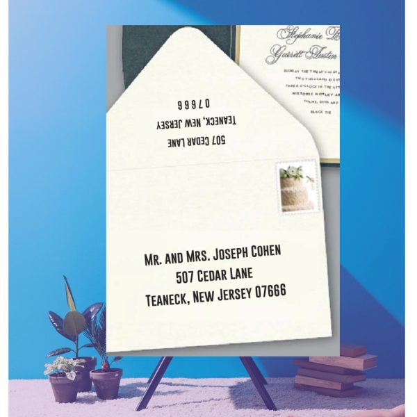Save time by opting for calligraphy envelope guest addressing with your order, featuring guest addressing tailored to match your unique style. This ensures that upon receiving your invitations, they will be ready for mailing, complete with addresses professionally printed directly onto your envelopes. The font and color will seamlessly match your invitations, creating a cohesive theme, unless you specify changes to the color or fonts. Select your desired quantity, customize your envelope online, and complete your order. Email us your guest addressing list file, and we'll create a layout for your approval. Upon receiving the layout, carefully review it and make any necessary changes or corrections.