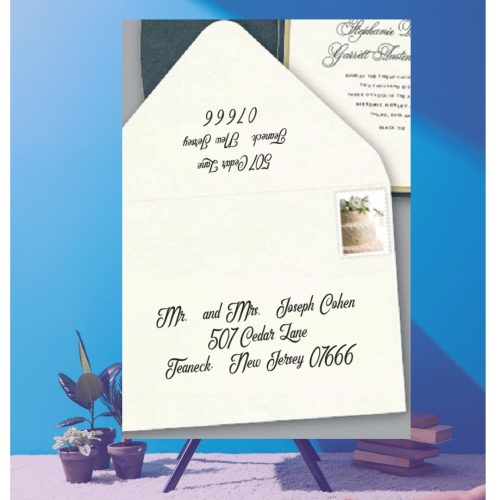 Save time by opting for calligraphy envelope guest addressing with your order, featuring guest addressing tailored to match your unique style. This ensures that upon receiving your invitations, they will be ready for mailing, complete with addresses professionally printed directly onto your envelopes. The font and color will seamlessly match your invitations, creating a cohesive theme, unless you specify changes to the color or fonts. Select your desired quantity, customize your envelope online, and complete your order. Email us your guest addressing list file, and we'll create a layout for your approval. Upon receiving the layout, carefully review it and make any necessary changes or corrections.
