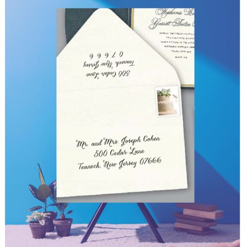 Save time by opting for calligraphy envelope guest addressing with your order, featuring guest addressing tailored to match your unique style. This ensures that upon receiving your invitations, they will be ready for mailing, complete with addresses professionally printed directly onto your envelopes. The font and color will seamlessly match your invitations, creating a cohesive theme, unless you specify changes to the color or fonts. Select your desired quantity, customize your envelope online, and complete your order. Email us your guest addressing list file, and we'll create a layout for your approval. Upon receiving the layout, carefully review it and make any necessary changes or corrections.