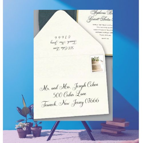 Save time by opting for calligraphy envelope guest addressing with your order, featuring guest addressing tailored to match your unique style. This ensures that upon receiving your invitations, they will be ready for mailing, complete with addresses professionally printed directly onto your envelopes. The font and color will seamlessly match your invitations, creating a cohesive theme, unless you specify changes to the color or fonts. Select your desired quantity, customize your envelope online, and complete your order. Email us your guest addressing list file, and we'll create a layout for your approval. Upon receiving the layout, carefully review it and make any necessary changes or corrections.
