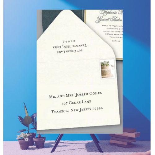 Save time by opting for calligraphy envelope guest addressing with your order, featuring guest addressing tailored to match your unique style. This ensures that upon receiving your invitations, they will be ready for mailing, complete with addresses professionally printed directly onto your envelopes. The font and color will seamlessly match your invitations, creating a cohesive theme, unless you specify changes to the color or fonts. Select your desired quantity, customize your envelope online, and complete your order. Email us your guest addressing list file, and we'll create a layout for your approval. Upon receiving the layout, carefully review it and make any necessary changes or corrections.