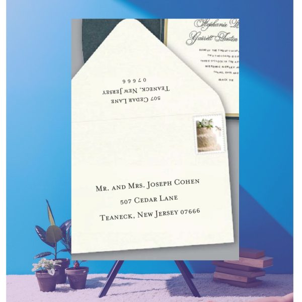 Save time by opting for calligraphy envelope guest addressing with your order, featuring guest addressing tailored to match your unique style. This ensures that upon receiving your invitations, they will be ready for mailing, complete with addresses professionally printed directly onto your envelopes. The font and color will seamlessly match your invitations, creating a cohesive theme, unless you specify changes to the color or fonts. Select your desired quantity, customize your envelope online, and complete your order. Email us your guest addressing list file, and we'll create a layout for your approval. Upon receiving the layout, carefully review it and make any necessary changes or corrections.