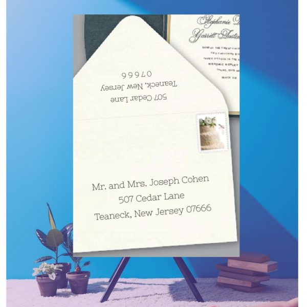 Save time by opting for calligraphy envelope guest addressing with your order, featuring guest addressing tailored to match your unique style. This ensures that upon receiving your invitations, they will be ready for mailing, complete with addresses professionally printed directly onto your envelopes. The font and color will seamlessly match your invitations, creating a cohesive theme, unless you specify changes to the color or fonts. Select your desired quantity, customize your envelope online, and complete your order. Email us your guest addressing list file, and we'll create a layout for your approval. Upon receiving the layout, carefully review it and make any necessary changes or corrections.