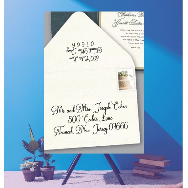 Save time by opting for calligraphy envelope guest addressing with your order, featuring guest addressing tailored to match your unique style. This ensures that upon receiving your invitations, they will be ready for mailing, complete with addresses professionally printed directly onto your envelopes. The font and color will seamlessly match your invitations, creating a cohesive theme, unless you specify changes to the color or fonts. Select your desired quantity, customize your envelope online, and complete your order. Email us your guest addressing list file, and we'll create a layout for your approval. Upon receiving the layout, carefully review it and make any necessary changes or corrections.