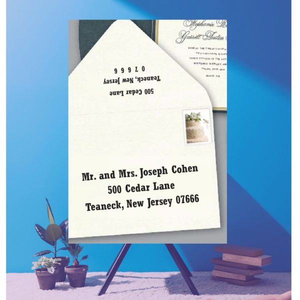 Save time by opting for calligraphy envelope guest addressing with your order, featuring guest addressing tailored to match your unique style. This ensures that upon receiving your invitations, they will be ready for mailing, complete with addresses professionally printed directly onto your envelopes. The font and color will seamlessly match your invitations, creating a cohesive theme, unless you specify changes to the color or fonts. Select your desired quantity, customize your envelope online, and complete your order. Email us your guest addressing list file, and we'll create a layout for your approval. Upon receiving the layout, carefully review it and make any necessary changes or corrections.