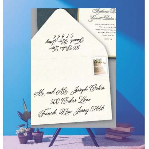 Save time by opting for calligraphy envelope guest addressing with your order, featuring guest addressing tailored to match your unique style. This ensures that upon receiving your invitations, they will be ready for mailing, complete with addresses professionally printed directly onto your envelopes. The font and color will seamlessly match your invitations, creating a cohesive theme, unless you specify changes to the color or fonts. Select your desired quantity, customize your envelope online, and complete your order. Email us your guest addressing list file, and we'll create a layout for your approval. Upon receiving the layout, carefully review it and make any necessary changes or corrections.