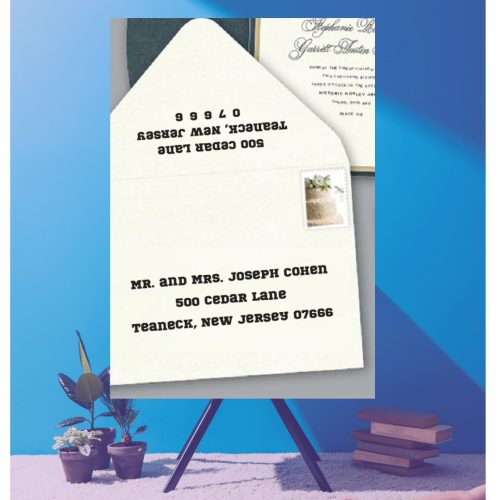 Save time by opting for calligraphy envelope guest addressing with your order, featuring guest addressing tailored to match your unique style. This ensures that upon receiving your invitations, they will be ready for mailing, complete with addresses professionally printed directly onto your envelopes. The font and color will seamlessly match your invitations, creating a cohesive theme, unless you specify changes to the color or fonts. Select your desired quantity, customize your envelope online, and complete your order. Email us your guest addressing list file, and we'll create a layout for your approval. Upon receiving the layout, carefully review it and make any necessary changes or corrections.