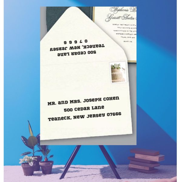 Save time by opting for calligraphy envelope guest addressing with your order, featuring guest addressing tailored to match your unique style. This ensures that upon receiving your invitations, they will be ready for mailing, complete with addresses professionally printed directly onto your envelopes. The font and color will seamlessly match your invitations, creating a cohesive theme, unless you specify changes to the color or fonts. Select your desired quantity, customize your envelope online, and complete your order. Email us your guest addressing list file, and we'll create a layout for your approval. Upon receiving the layout, carefully review it and make any necessary changes or corrections.