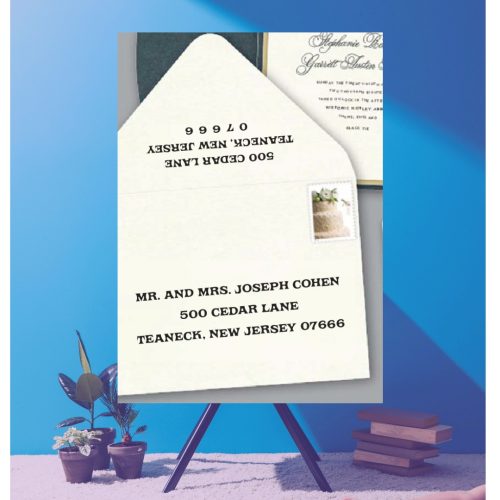 Save time by opting for calligraphy envelope guest addressing with your order, featuring guest addressing tailored to match your unique style. This ensures that upon receiving your invitations, they will be ready for mailing, complete with addresses professionally printed directly onto your envelopes. The font and color will seamlessly match your invitations, creating a cohesive theme, unless you specify changes to the color or fonts. Select your desired quantity, customize your envelope online, and complete your order. Email us your guest addressing list file, and we'll create a layout for your approval. Upon receiving the layout, carefully review it and make any necessary changes or corrections.