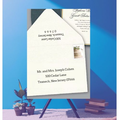 Save time by opting for calligraphy envelope guest addressing with your order, featuring guest addressing tailored to match your unique style. This ensures that upon receiving your invitations, they will be ready for mailing, complete with addresses professionally printed directly onto your envelopes. The font and color will seamlessly match your invitations, creating a cohesive theme, unless you specify changes to the color or fonts. Select your desired quantity, customize your envelope online, and complete your order. Email us your guest addressing list file, and we'll create a layout for your approval. Upon receiving the layout, carefully review it and make any necessary changes or corrections.