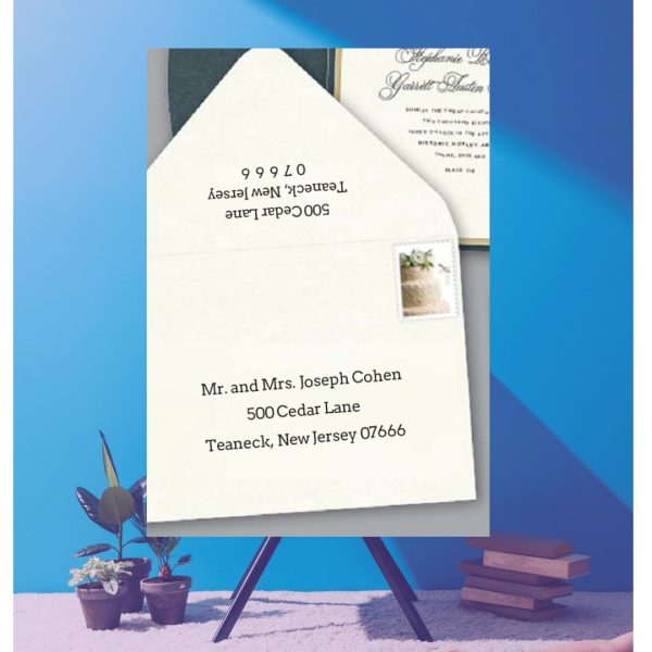 Save time by opting for calligraphy envelope guest addressing with your order, featuring guest addressing tailored to match your unique style. This ensures that upon receiving your invitations, they will be ready for mailing, complete with addresses professionally printed directly onto your envelopes. The font and color will seamlessly match your invitations, creating a cohesive theme, unless you specify changes to the color or fonts. Select your desired quantity, customize your envelope online, and complete your order. Email us your guest addressing list file, and we'll create a layout for your approval. Upon receiving the layout, carefully review it and make any necessary changes or corrections.