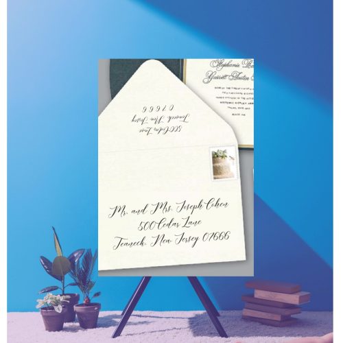 Save time by opting for calligraphy envelope guest addressing with your order, featuring guest addressing tailored to match your unique style. This ensures that upon receiving your invitations, they will be ready for mailing, complete with addresses professionally printed directly onto your envelopes. The font and color will seamlessly match your invitations, creating a cohesive theme, unless you specify changes to the color or fonts. Select your desired quantity, customize your envelope online, and complete your order. Email us your guest addressing list file, and we'll create a layout for your approval. Upon receiving the layout, carefully review it and make any necessary changes or corrections.