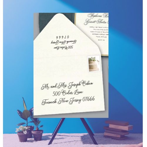 Save time by opting for calligraphy envelope guest addressing with your order, featuring guest addressing tailored to match your unique style. This ensures that upon receiving your invitations, they will be ready for mailing, complete with addresses professionally printed directly onto your envelopes. The font and color will seamlessly match your invitations, creating a cohesive theme, unless you specify changes to the color or fonts. Select your desired quantity, customize your envelope online, and complete your order. Email us your guest addressing list file, and we'll create a layout for your approval. Upon receiving the layout, carefully review it and make any necessary changes or corrections.