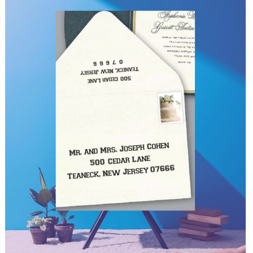 Save time by opting for calligraphy envelope guest addressing with your order, featuring guest addressing tailored to match your unique style. This ensures that upon receiving your invitations, they will be ready for mailing, complete with addresses professionally printed directly onto your envelopes. The font and color will seamlessly match your invitations, creating a cohesive theme, unless you specify changes to the color or fonts. Select your desired quantity, customize your envelope online, and complete your order. Email us your guest addressing list file, and we'll create a layout for your approval. Upon receiving the layout, carefully review it and make any necessary changes or corrections.