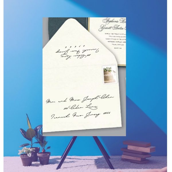 Save time by opting for calligraphy envelope guest addressing with your order, featuring guest addressing tailored to match your unique style. This ensures that upon receiving your invitations, they will be ready for mailing, complete with addresses professionally printed directly onto your envelopes. The font and color will seamlessly match your invitations, creating a cohesive theme, unless you specify changes to the color or fonts. Select your desired quantity, customize your envelope online, and complete your order. Email us your guest addressing list file, and we'll create a layout for your approval. Upon receiving the layout, carefully review it and make any necessary changes or corrections.