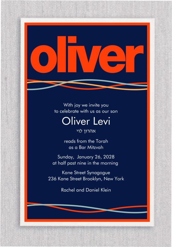 Modern Bold Navy and Orange Bar Mitzvah Invitation