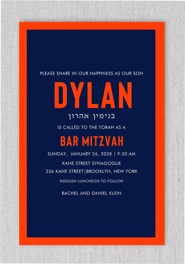 This Modern and Casual Contemporary Sports Bar Mitzvah Invitation is perfect for your upcoming celebration! The navy and orange border is sure to catch the eye and set the tone for a fun and energetic event. The bar mitzvah boy's name is prominently displayed in bold type and elegant style, making him the star of the show. The color scheme of navy and orange is not only stylish, but also sets the perfect backdrop for your celebration details, ensuring that they stand out and are easily read by your guests. We hope this invitation sets the tone for an unforgettable Bar Mitzvah celebration!