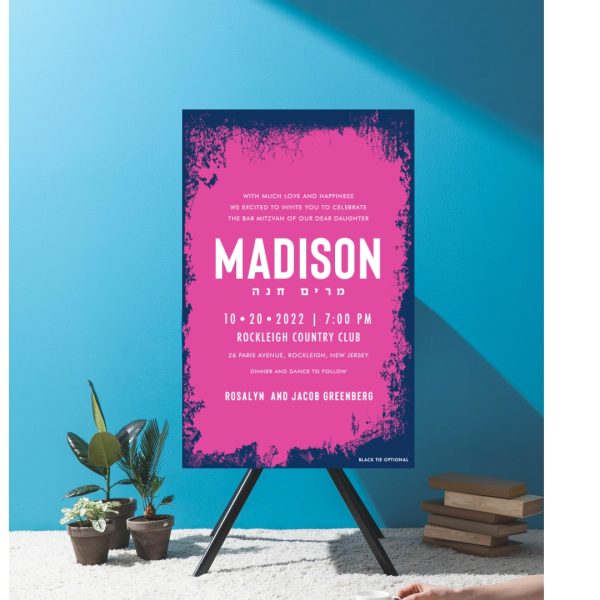 Pink and Blue Abstract grunge ink splats Bat Mitzvah Invitation