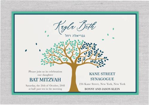 Introducing a modern and casual Tree of Life Bat Mitzvah invitation. The vibrant mallard and aqua color combination brings a fresh, lively feel to your celebration details! The Tree of Life is featured at the center of the card, with the information neatly divided: event details on the right and the Bat Mitzvah girl's name on the left. The layout is contemporary and chic, making it the perfect invitation for a stylish Bat Mitzvah.