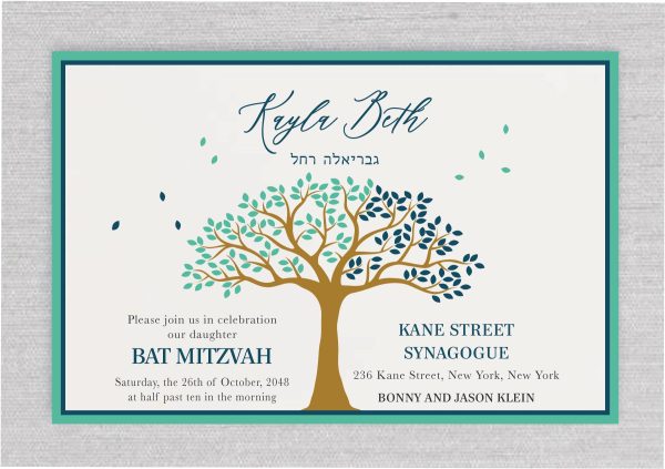 Introducing a modern and casual Tree of Life Bat Mitzvah invitation. The vibrant mallard and aqua color combination brings a fresh, lively feel to your celebration details! The Tree of Life is featured at the center of the card, with the information neatly divided: event details on the right and the Bat Mitzvah girl's name on the left. The layout is contemporary and chic, making it the perfect invitation for a stylish Bat Mitzvah.